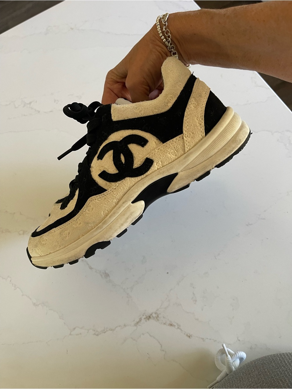 CHANEL Black and White Logo Lace-Up Sneakers